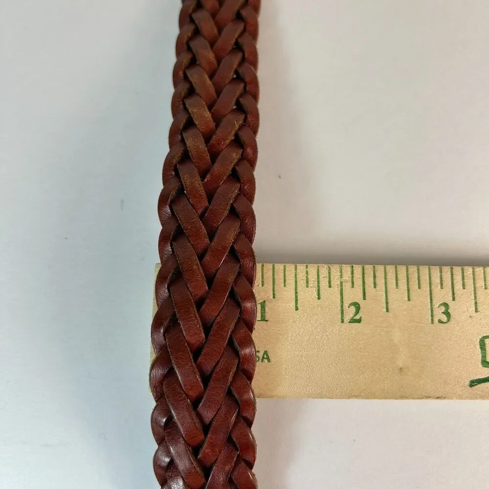 Men's Brown Leather Braided Woven Solid Brass Buckle Vintage Belt Size 38